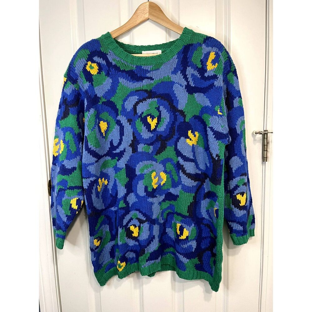 Vintage Cervelle Intarsia Post-Impressionist Floral Knit Sweater Size Large